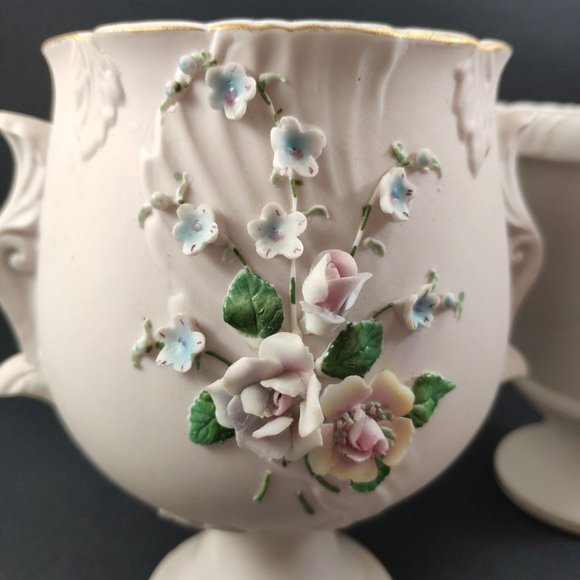 Japan L'Amour China Vases Set of 2, VTG Ceramic Planters Applied Flowers 6" - Picture 3 of 12